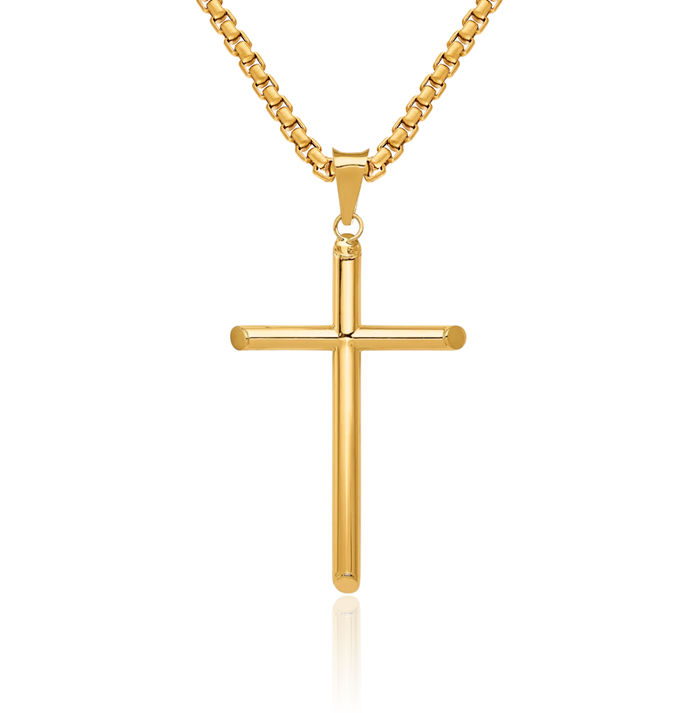 14K Solid Yellow Gold Tube Latin Mexican Holy Cross Necklace Religious Chain Pendant Jesus Christ Charm