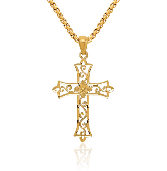 14K Solid Yellow Gold Holy Cross Necklace Religious Chain Pendant Jesus Christ Charm