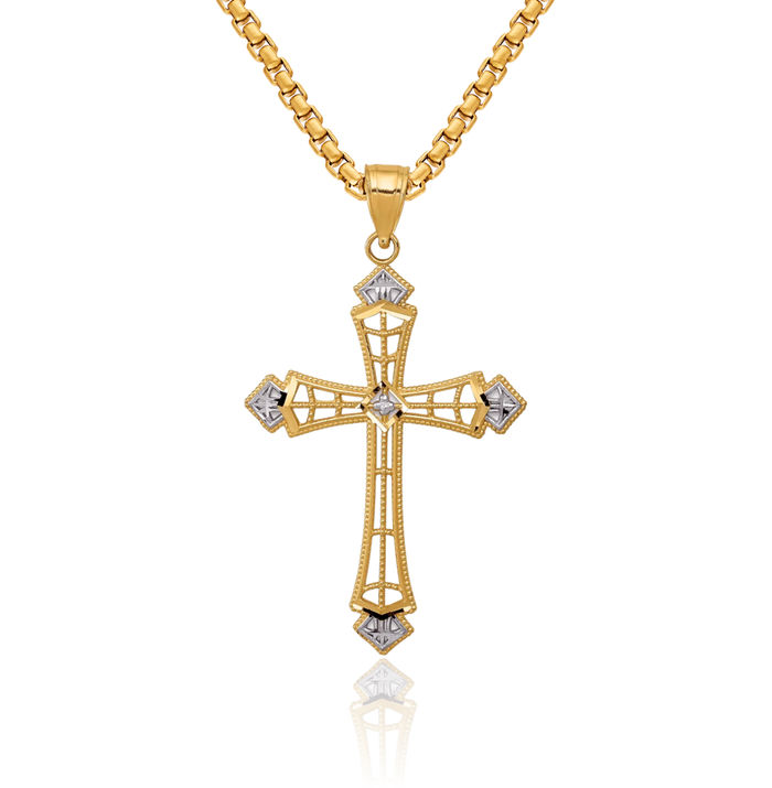 14K Solid Yellow Gold Holy Cross Necklace Religious Chain Pendant Jesus Christ Charm