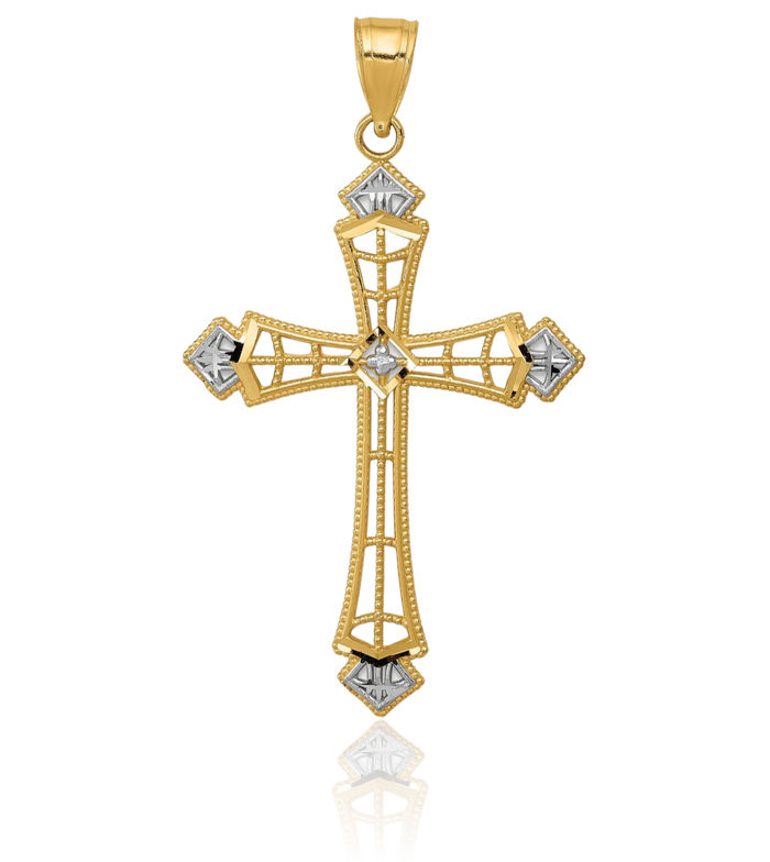 14K Solid Yellow Gold Holy Cross Necklace Religious Chain Pendant Jesus Christ Charm