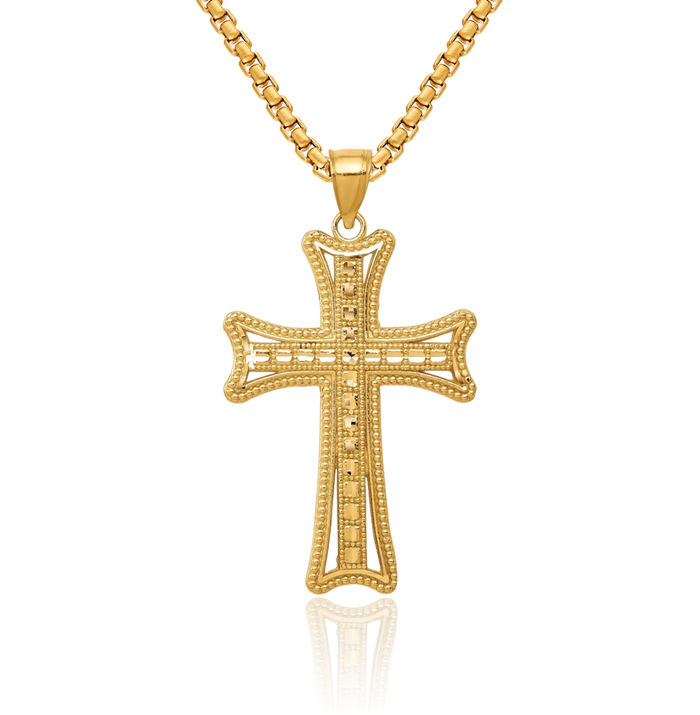 14K Solid Yellow Gold Holy Cross Necklace Religious Chain Pendant Jesus Christ Charm