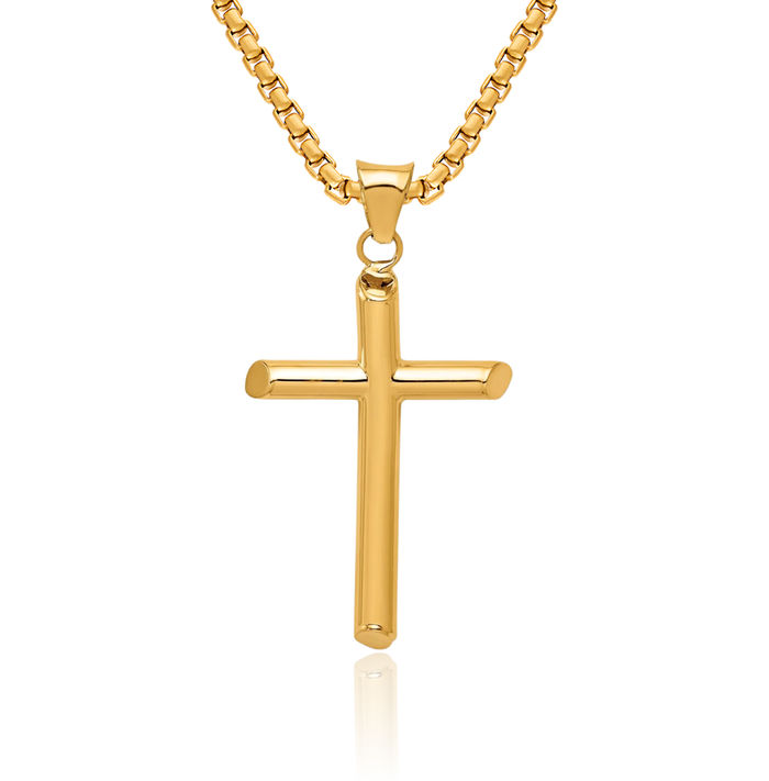 14K Solid Yellow Gold Tube Latin Mexican Holy Cross Necklace Religious Chain Pendant Jesus Christ Charm