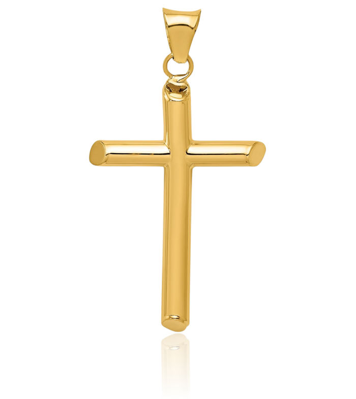 14K Solid Yellow Gold Tube Latin Mexican Holy Cross Necklace Religious Chain Pendant Jesus Christ Charm