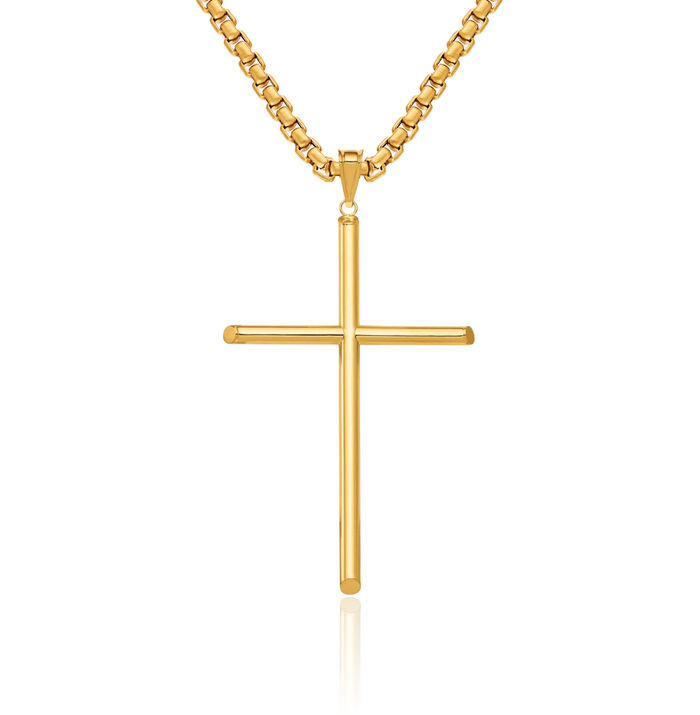 14K Solid Yellow Gold Tube Latin Mexican Holy Cross Necklace Religious Chain Pendant Jesus Christ Charm