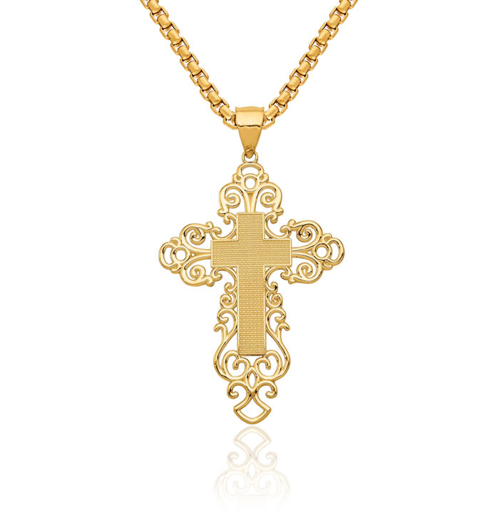 14K Solid Yellow Gold Holy Cross Necklace Religious Chain Pendant Jesus Christ Charm