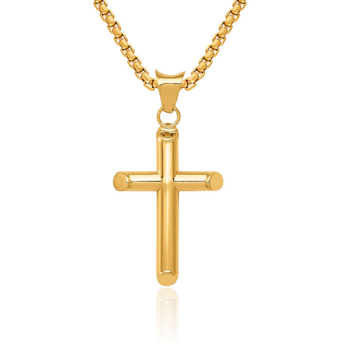 14K Solid Yellow Gold Tube Latin Mexican Holy Cross Necklace Religious Chain Pendant Jesus Christ Charm