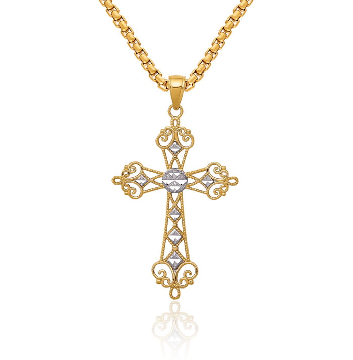 14K Solid Yellow Gold Holy Cross Necklace Religious Chain Pendant Jesus Christ Charm