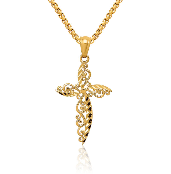 14K Solid Yellow Gold Holy Cross Necklace Religious Chain Pendant Jesus Christ Charm
