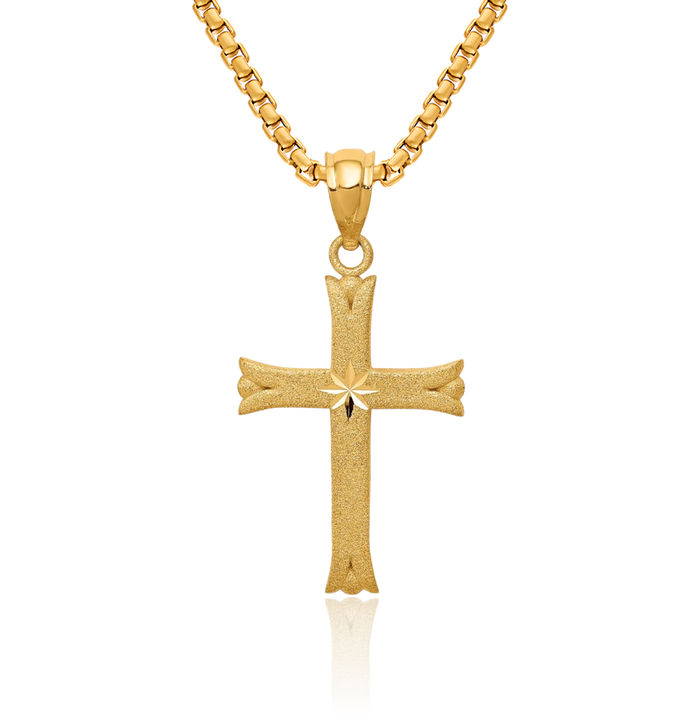 14K Solid Yellow Gold Holy Cross Necklace Religious Chain Pendant Jesus Christ Charm