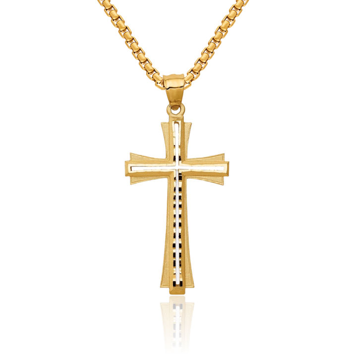 14K Solid Yellow Gold Holy Cross Necklace Religious Chain Pendant Jesus Christ Charm