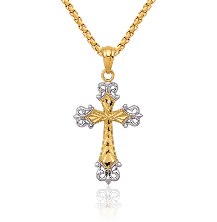 14K Solid Yellow Gold Holy Cross Necklace Religious Chain Pendant Jesus Christ Charm