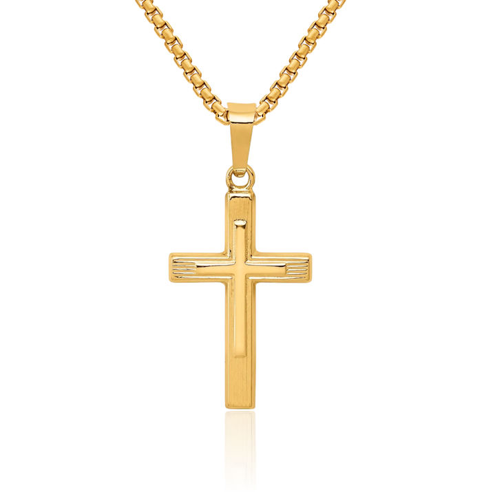 14K Solid Yellow Gold Holy Cross Latin Mexican Necklace Religious Chain Pendant Jesus Christ Christian Charm