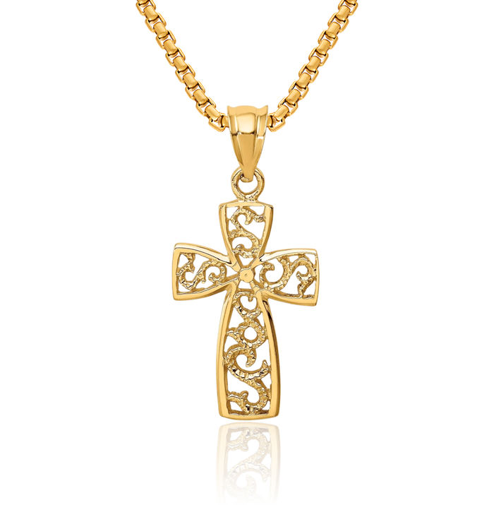 14K Solid Yellow Gold Holy Cross Necklace Religious Chain Pendant Jesus Christ Charm