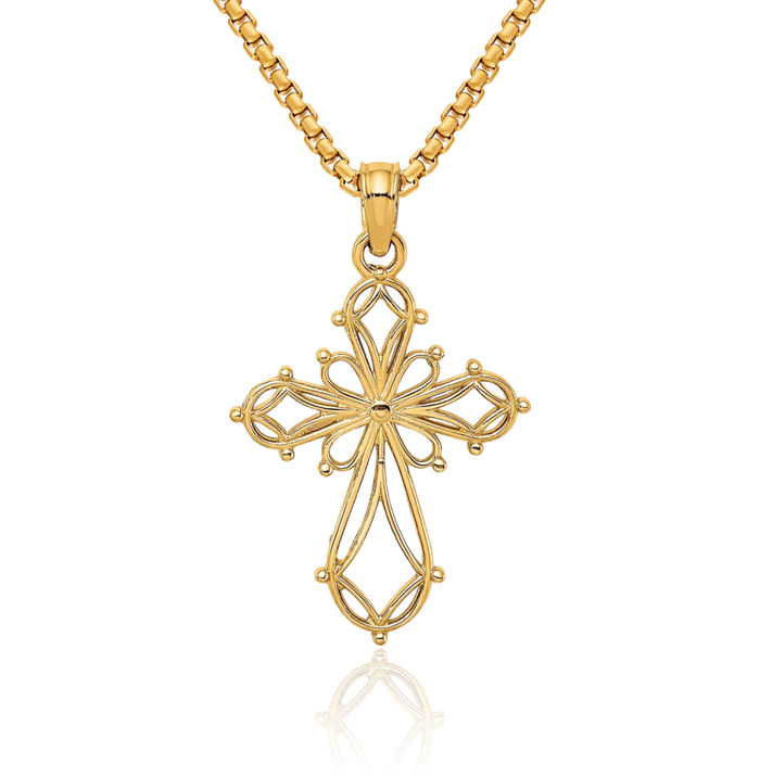 14K Solid Yellow Gold Holy Cross Necklace Religious Chain Pendant Jesus Christ Charm