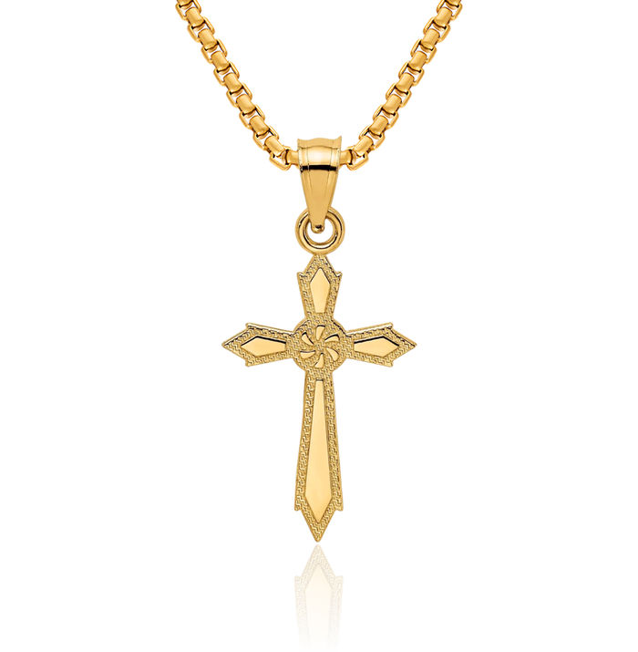14K Solid Yellow Gold Holy Cross Necklace Religious Chain Pendant Jesus Christ Charm
