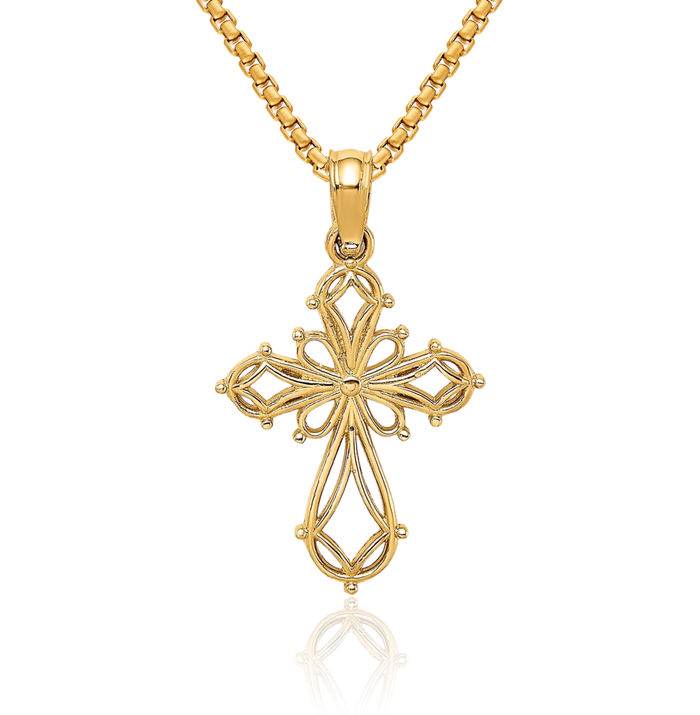14K Solid Yellow Gold Holy Cross Necklace Religious Chain Pendant Jesus Christ Charm