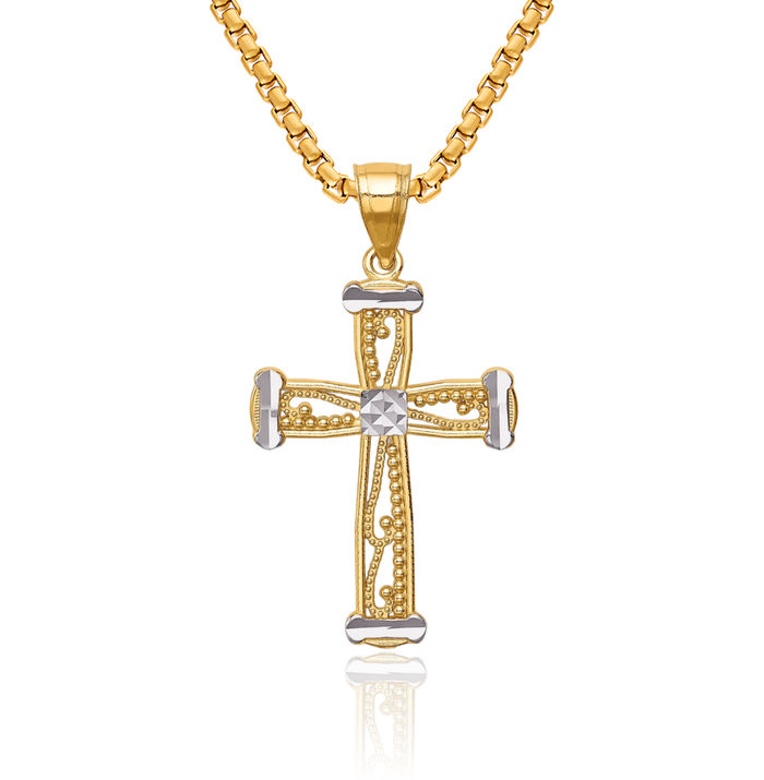 14K Solid Yellow Gold Holy Cross Necklace Religious Chain Pendant Jesus Christ Charm