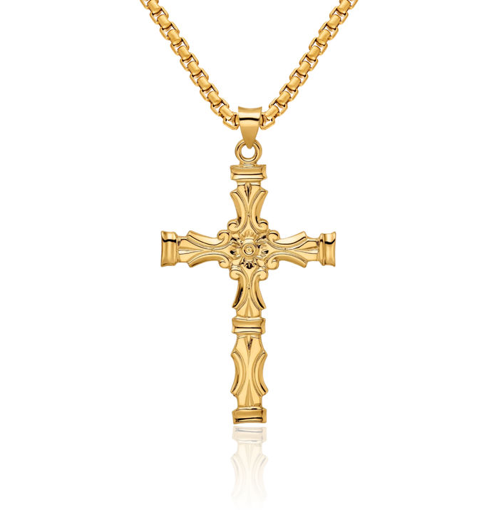 14K Solid Yellow Gold Latin Mexican Holy Cross Necklace Religious Chain Pendant Jesus Christ Charm