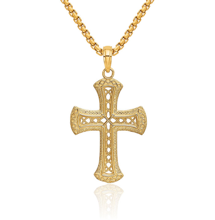 14K Solid Yellow Gold Holy Cross Necklace Religious Chain Pendant Jesus Christ Charm
