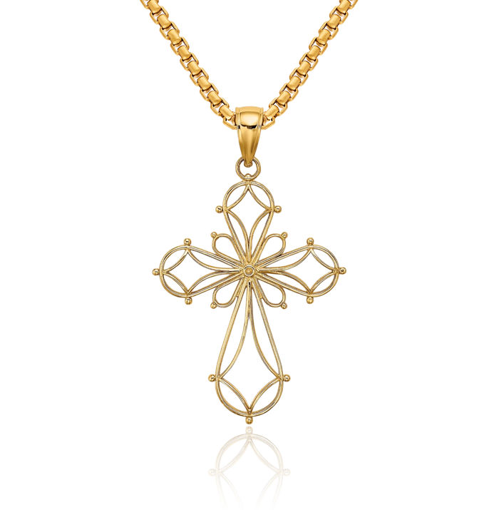 14K Solid Yellow Gold Holy Cross Necklace Religious Chain Pendant Jesus Christ Charm