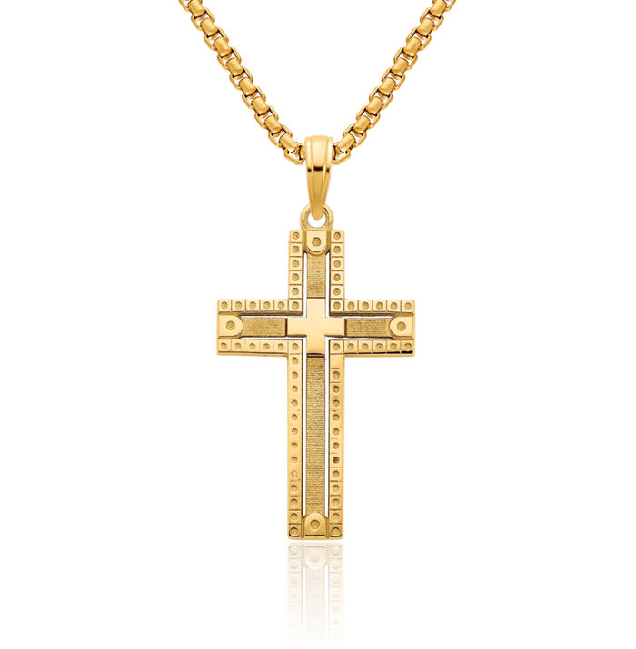 14K Solid Yellow Gold Holy Cross Necklace Religious Chain Pendant Jesus Christ Charm