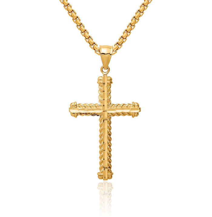 14K Solid Yellow Gold Holy Cross Necklace Religious Chain Pendant Jesus Christ Charm