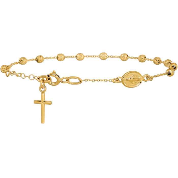 14K Solid Yellow Gold Holy Cross Our Lady of Miraculous Medal Blessed Virgin Mary Chain Charm Bracelet