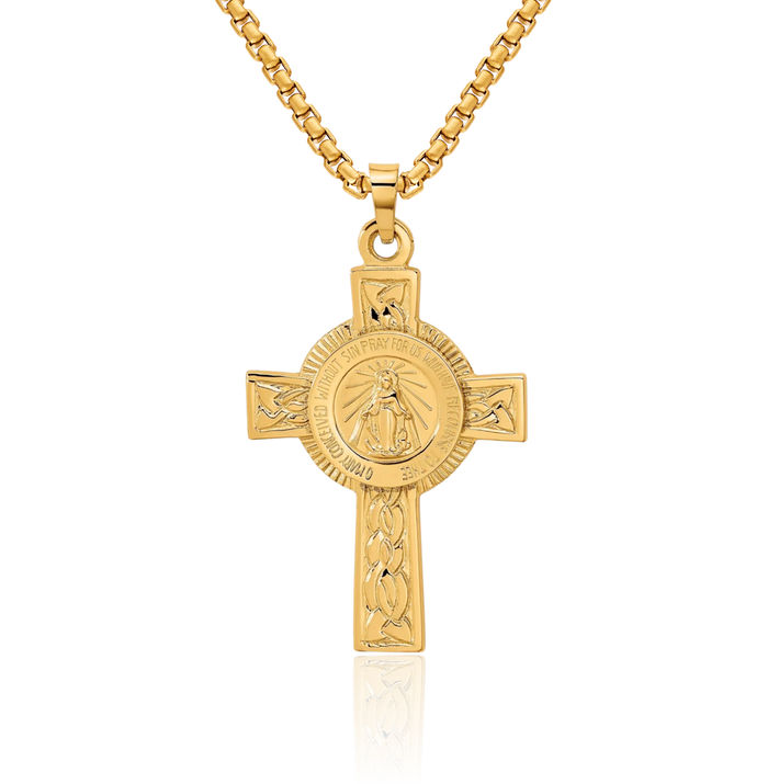 14K Solid Yellow Gold Holy Cross Our Lady of Miraculous Medal Blessed Virgin Mary Necklace Religious Chain Pendant Jesus Christ Charm