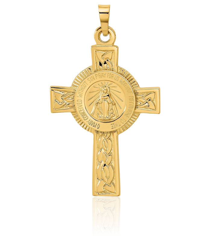 14K Solid Yellow Gold Holy Cross Our Lady of Miraculous Medal Blessed Virgin Mary Necklace Religious Chain Pendant Jesus Christ Charm