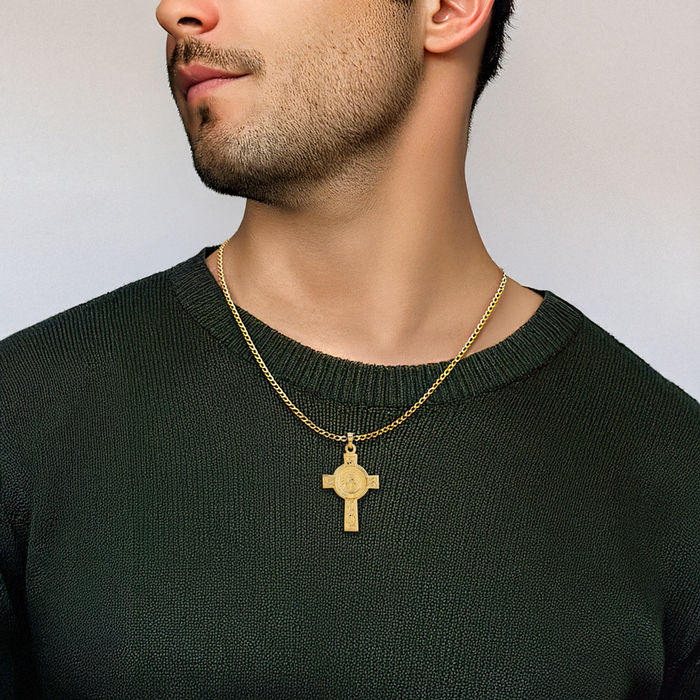 14K Solid Yellow Gold Holy Cross Our Lady of Miraculous Medal Blessed Virgin Mary Necklace Religious Chain Pendant Jesus Christ Charm