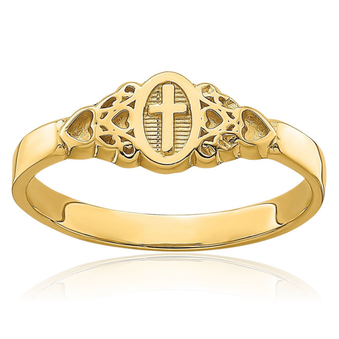 14K Solid Yellow Gold Holy Cross Oval Heart Ring Christian Religious Love Band