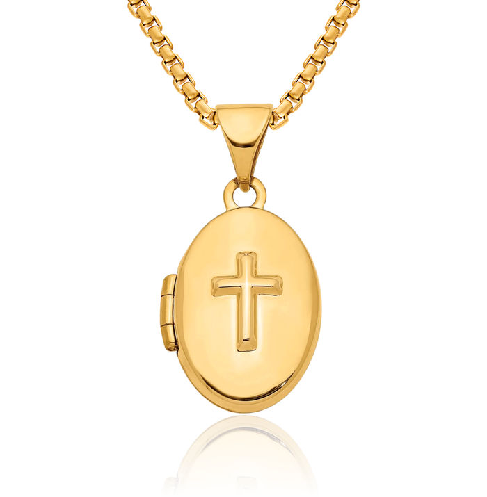 14K Solid Yellow Gold Cross Oval Personalized Photo Locket Necklace Religious Chain Pendant Jesus Christ Charm