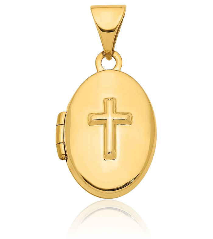 14K Solid Yellow Gold Cross Oval Personalized Photo Locket Necklace Religious Chain Pendant Jesus Christ Charm