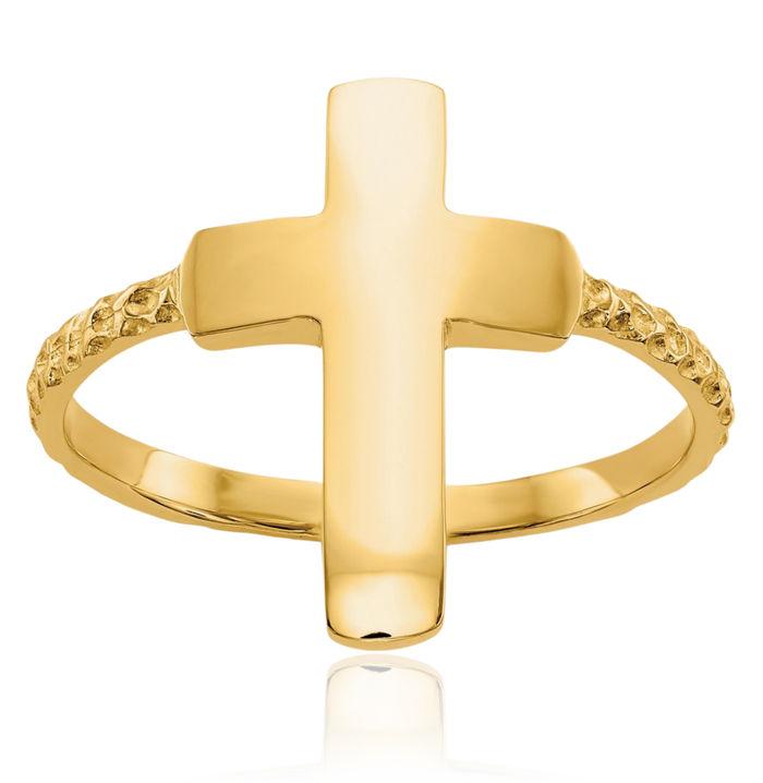 14K Solid Yellow Gold Holy Cross Ring Christian Religious Band