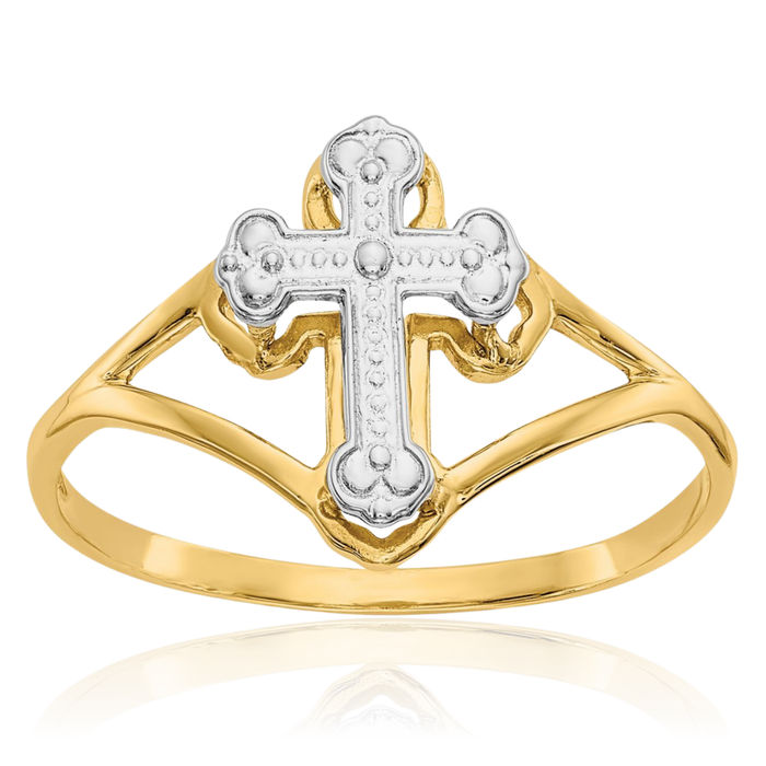 14K Solid Yellow Gold Holy Cross Ring Christian Religious Band