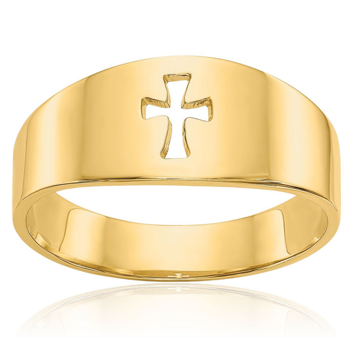 14K Solid Yellow Gold Holy Cross Ring Christian Religious Band