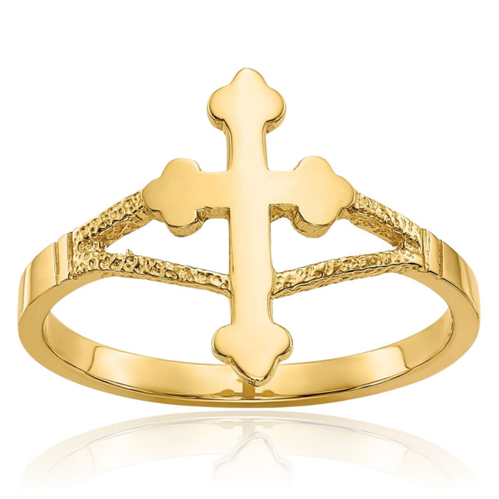 14K Solid Yellow Gold Holy Cross Ring Christian Religious Band