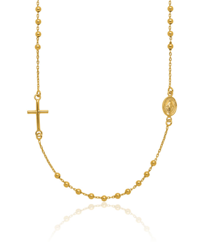 14K Solid Yellow Gold Holy Cross Rosary Bead Necklace Chain