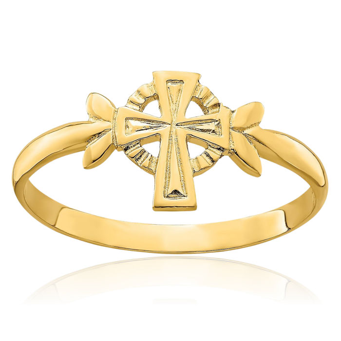 14K Solid Yellow Gold Holy Cross Circle Round Ring Christian Religious Band