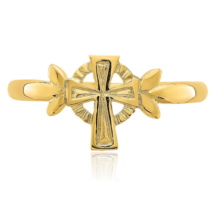 14K Solid Yellow Gold Holy Cross Circle Round Ring Christian Religious Band