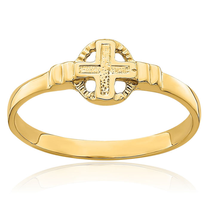 14K Solid Yellow Gold Holy Cross Circle Round Ring Christian Religious Band