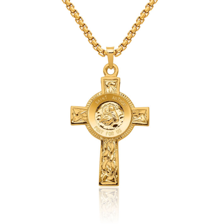 14K Solid Yellow Gold Holy Cross Saint Anthony Medal Necklace Religious Chain Pendant Jesus Christ Charm