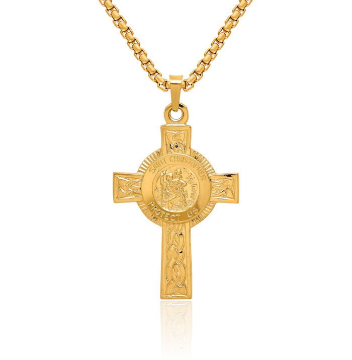 14K Solid Yellow Gold Holy Cross Saint Christopher Medal Patron of Travelers Athletes Protection Necklace Religious Chain Pendant Jesus Christ Charm