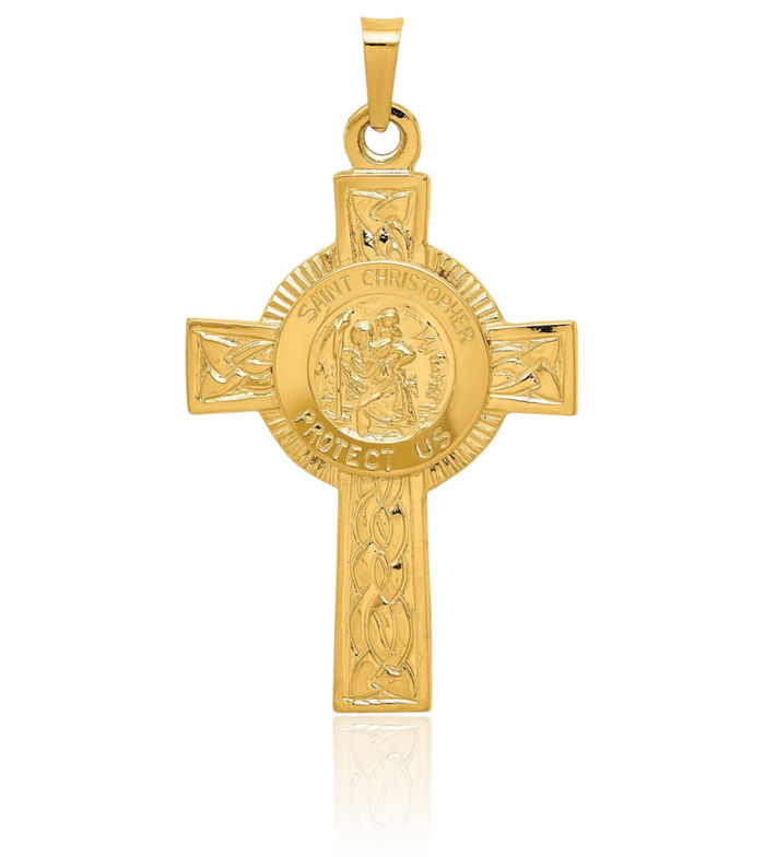 14K Solid Yellow Gold Holy Cross Saint Christopher Medal Patron of Travelers Athletes Protection Necklace Religious Chain Pendant Jesus Christ Charm