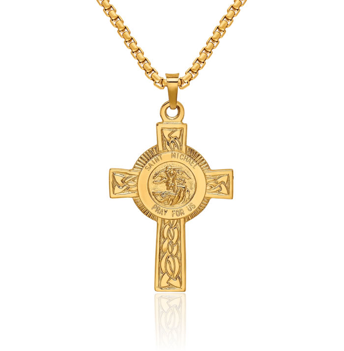 14K Solid Yellow Gold Holy Cross Saint Michael Medal Protects Us Patron Archangel Guardian Angel Wings Necklace Religious Chain Pendant Jesus Christ Charm