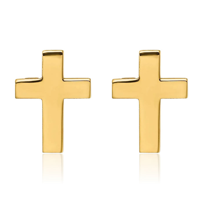 14K Solid Yellow Gold Holy Cross Studs Religious Christian Earrings