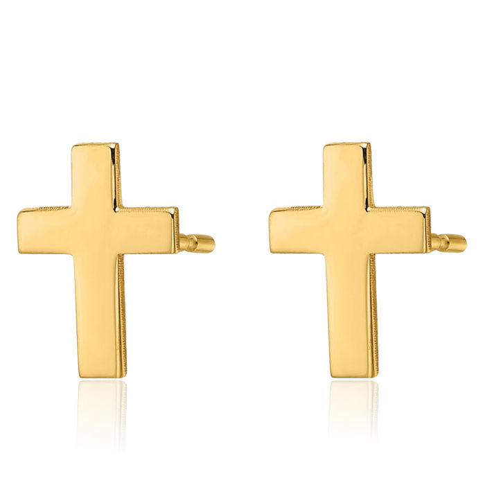 14K Solid Yellow Gold Holy Cross Studs Religious Christian Earrings
