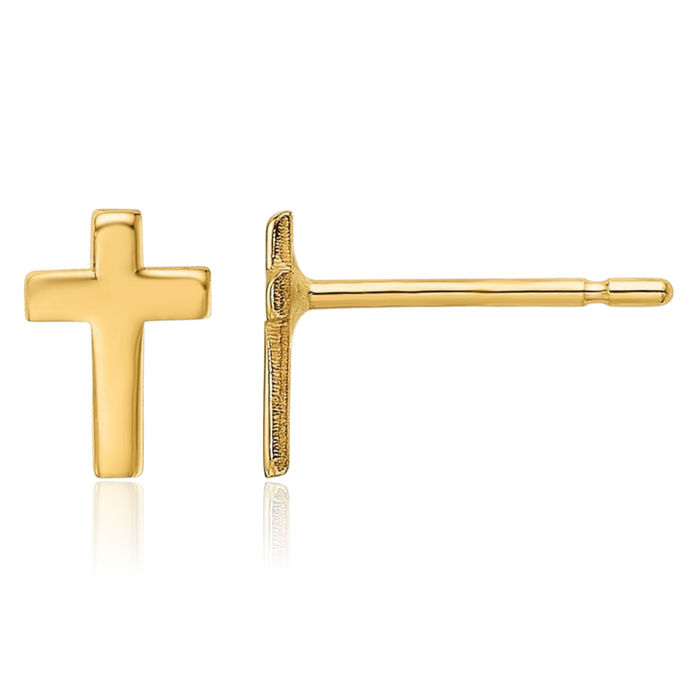 14K Solid Yellow Gold Holy Cross Studs Religious Christian Earrings