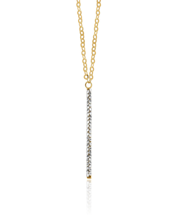 14K Solid Yellow Gold Rhinestone Crystals Chain Bar Necklace