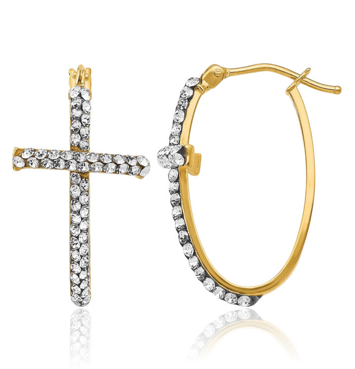 14K Solid Yellow Gold Rhinestone Crystals Cross Medium Hoop Earrings